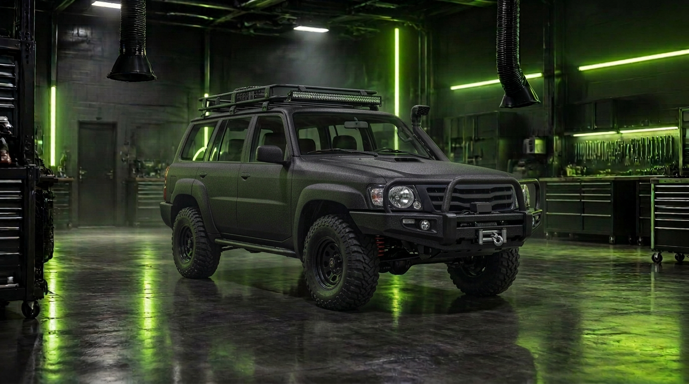 Matte black Nissan Patrol Y61 coated in Raptor, on 39-inch mud-terrain tyres, in a lime-lit tuning workshop